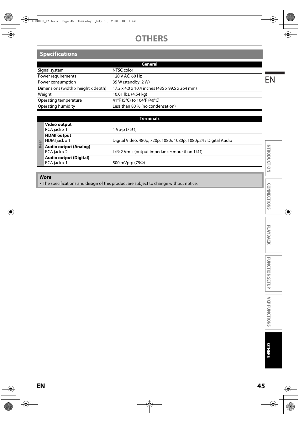 Specifications, Others en, 45 en | Philips Magnavox MBP110V/F7 User Manual | Page 45 / 48