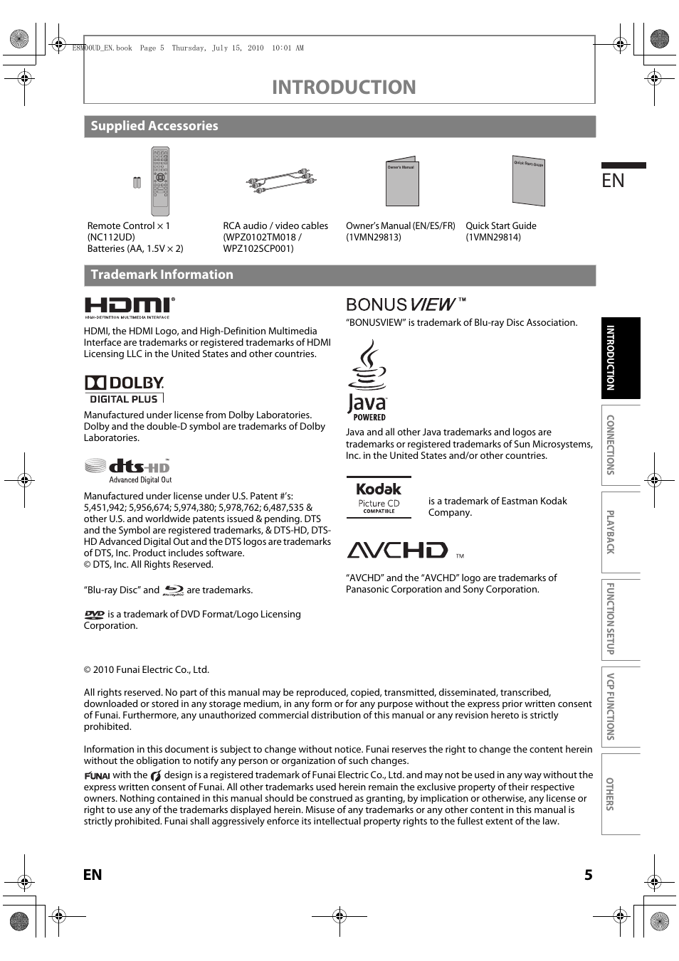 Supplied accessories, Trademark information, Introduction en | Philips Magnavox MBP110V/F7 User Manual | Page 5 / 48