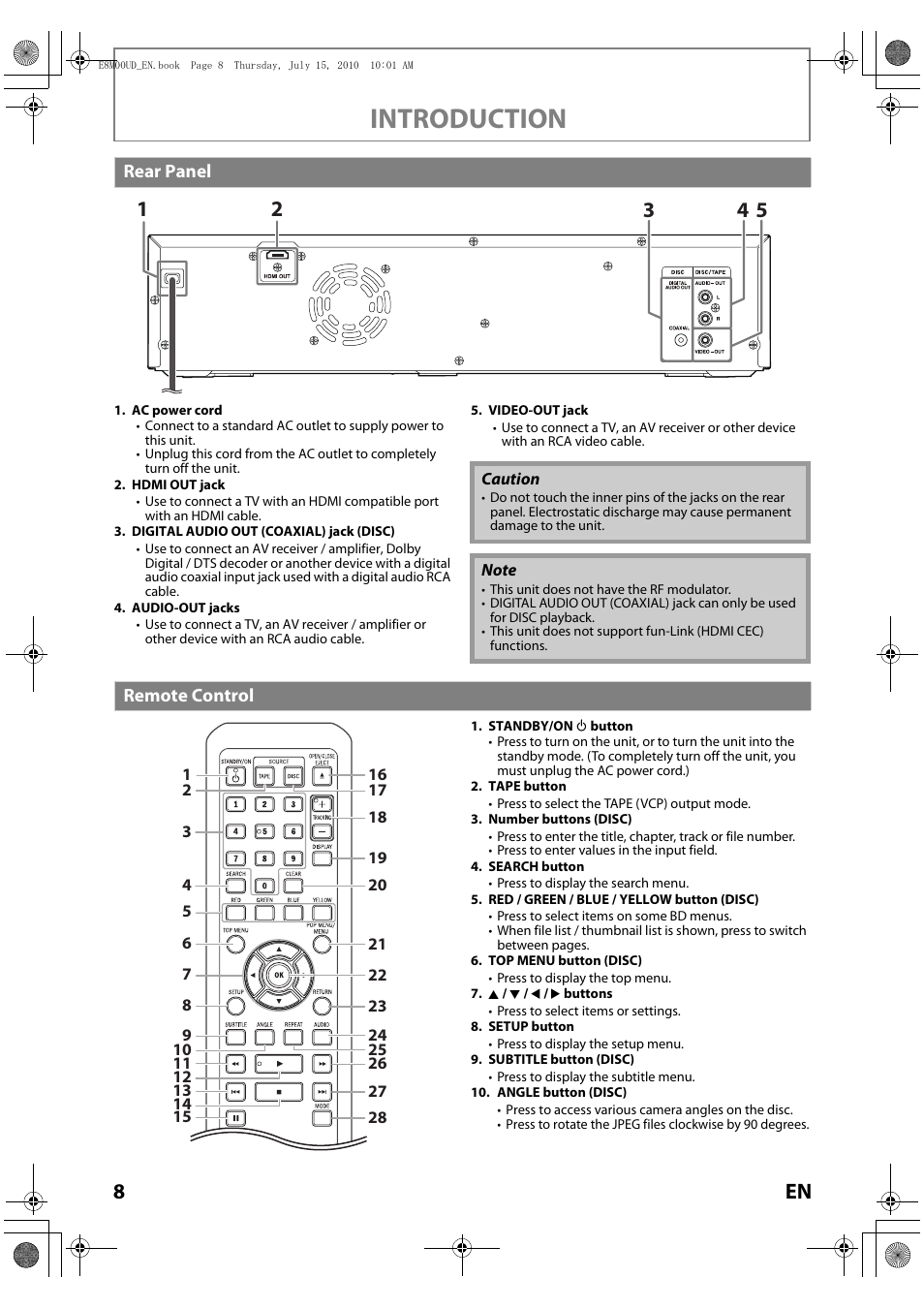 Rear panel, Remote control, Introduction | Philips Magnavox MBP110V/F7 User Manual | Page 8 / 48