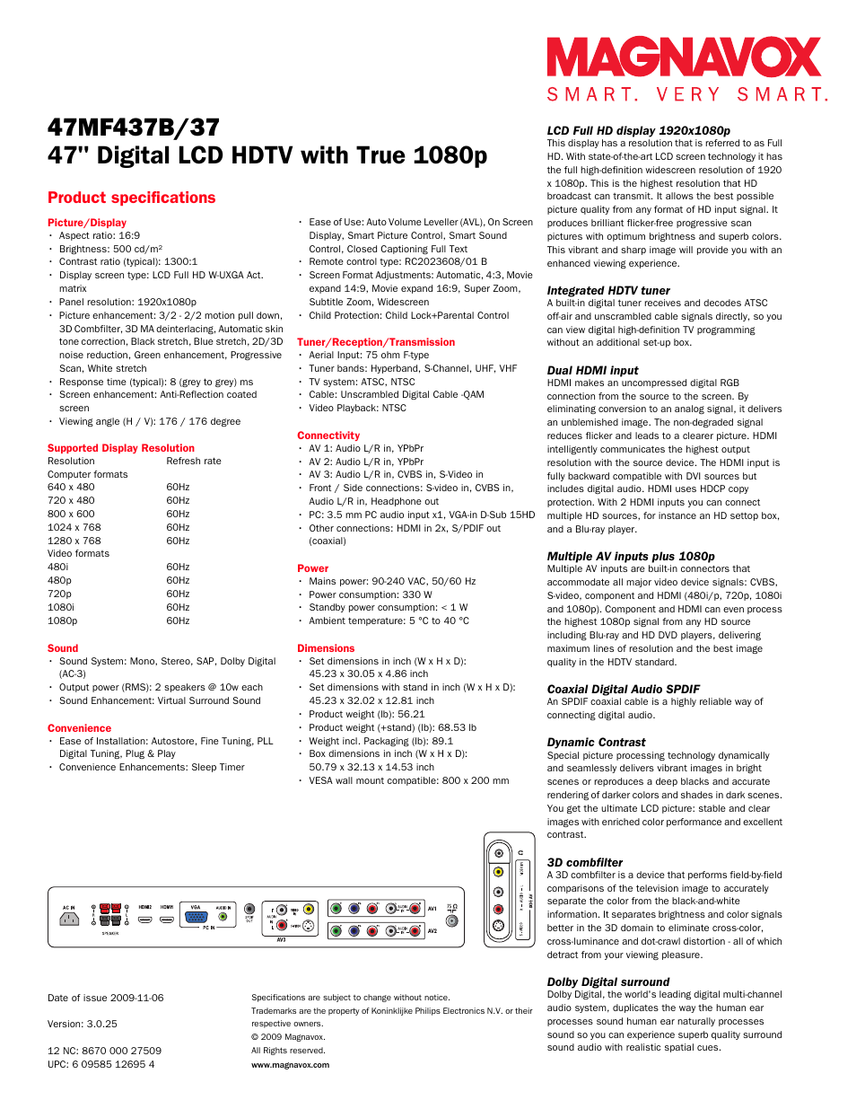 Product specifications | Philips Magnavox 47MF437B User Manual | Page 2 / 3