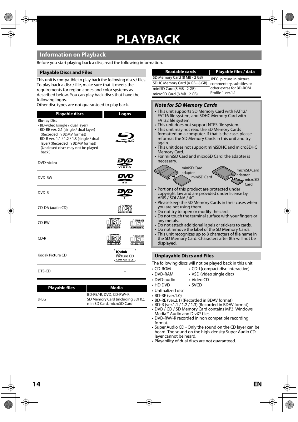 Playback, Information on playback, 14 en | Philips Magnavox Blu-ray Disc Player NB500MG1F User Manual | Page 14 / 52