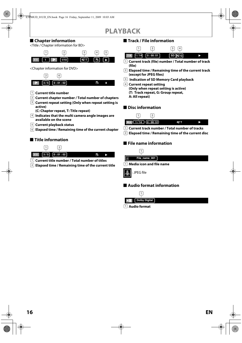 Playback, 16 en, S chapter information | S audio format information | Philips Magnavox Blu-ray Disc Player NB500MG1F User Manual | Page 16 / 52