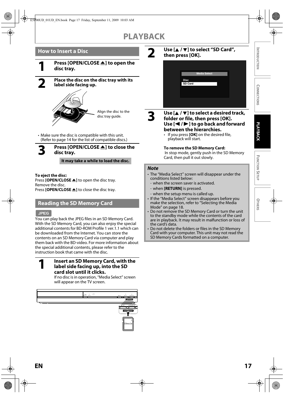 How to insert a disc, Reading the sd memory card, Playback | 17 en | Philips Magnavox Blu-ray Disc Player NB500MG1F User Manual | Page 17 / 52