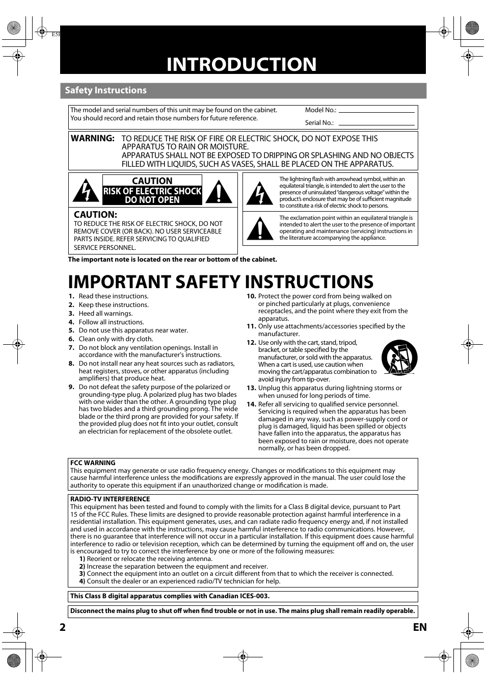 Introduction, Safety instructions, Important safety instructions | Caution, Caution risk of electric shock do not open | Philips Magnavox Blu-ray Disc Player NB500MG1F User Manual | Page 2 / 52