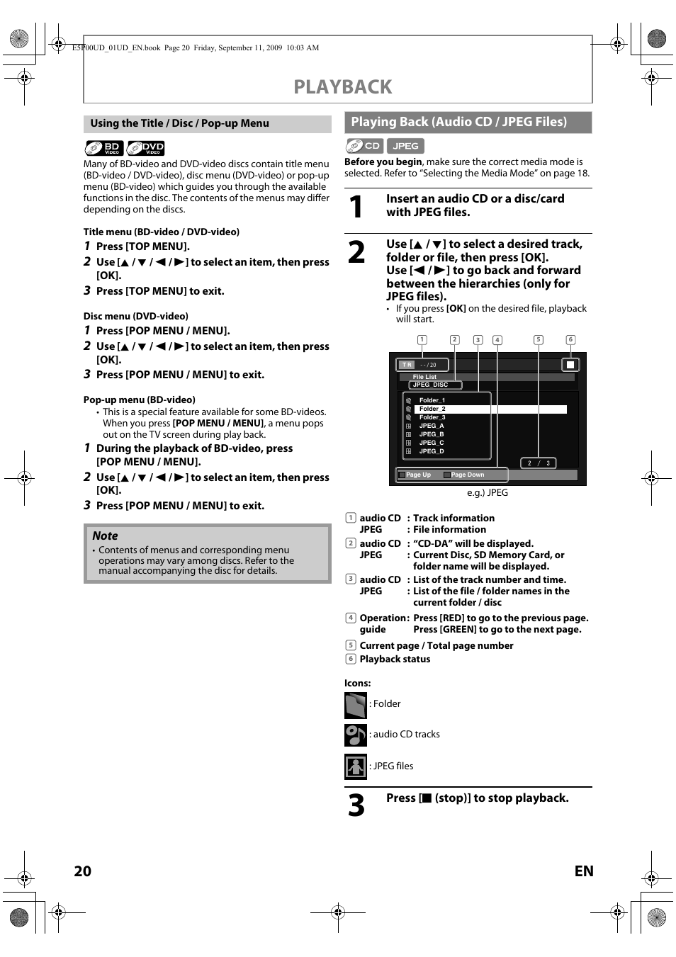 Playing back (audio cd / jpeg files), Playback, 20 en | Philips Magnavox Blu-ray Disc Player NB500MG1F User Manual | Page 20 / 52