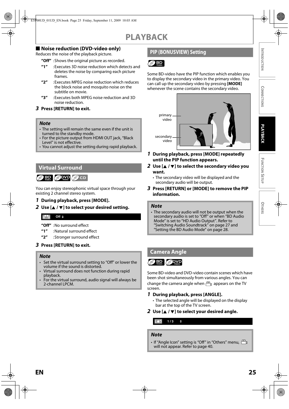 Virtual surround, Pip (bonusview) setting, Camera angle | Playback, 25 en | Philips Magnavox Blu-ray Disc Player NB500MG1F User Manual | Page 25 / 52