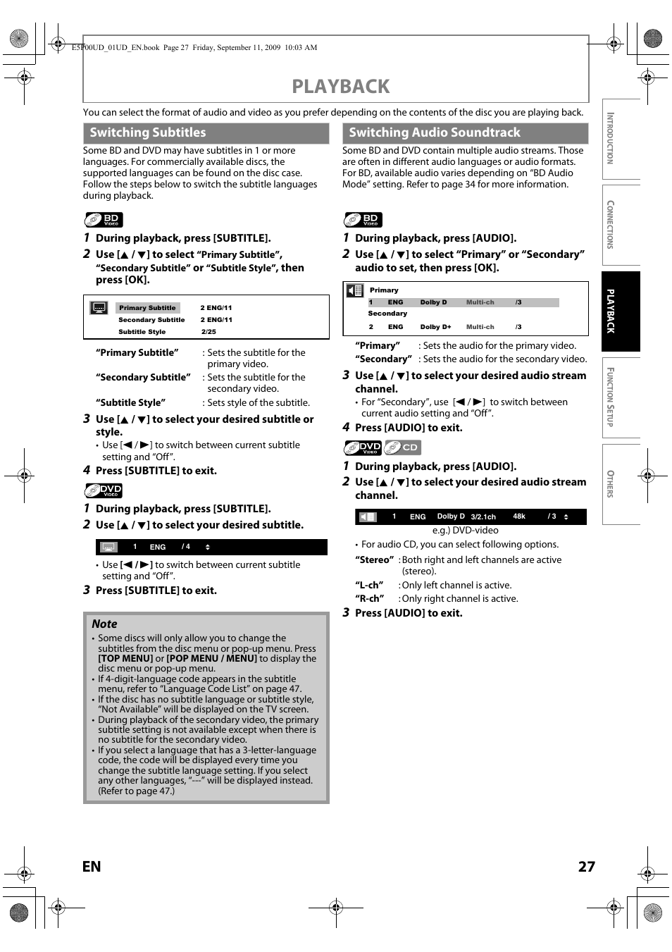 Switching subtitles, Switching audio soundtrack, Playback | 27 en | Philips Magnavox Blu-ray Disc Player NB500MG1F User Manual | Page 27 / 52