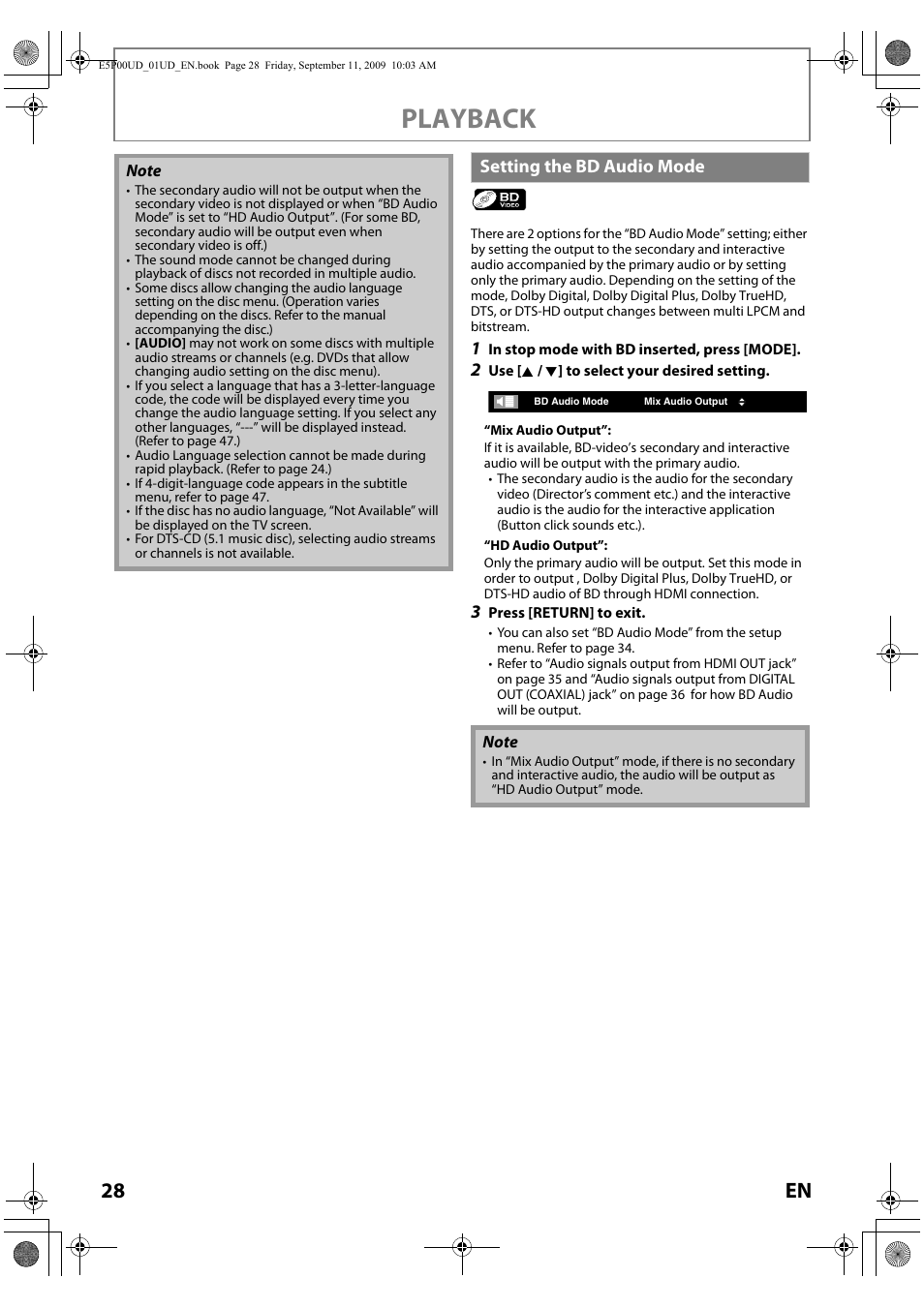 Setting the bd audio mode, Playback, 28 en | Philips Magnavox Blu-ray Disc Player NB500MG1F User Manual | Page 28 / 52