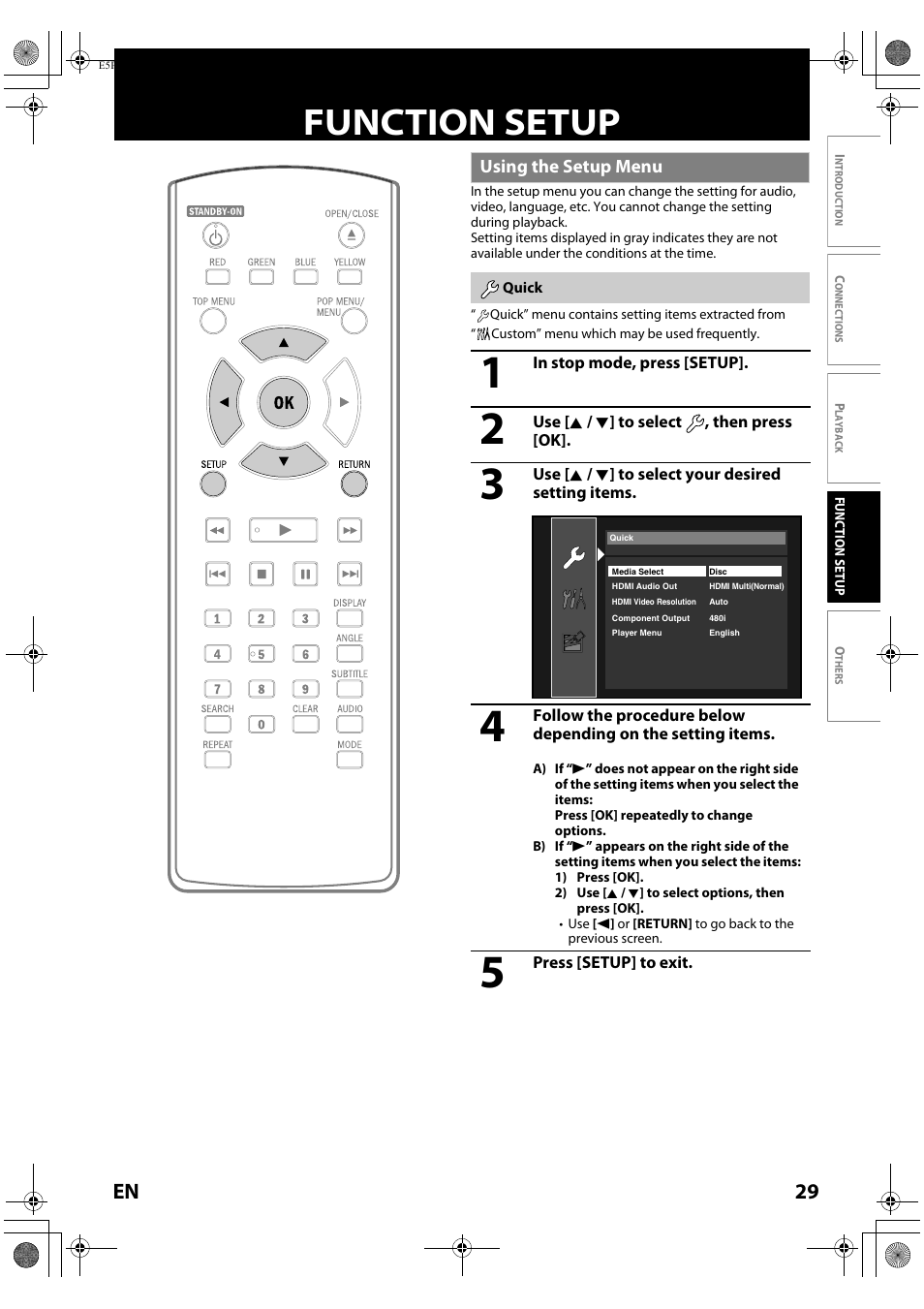 Function setup, Using the setup menu, Quick | 29 en | Philips Magnavox Blu-ray Disc Player NB500MG1F User Manual | Page 29 / 52