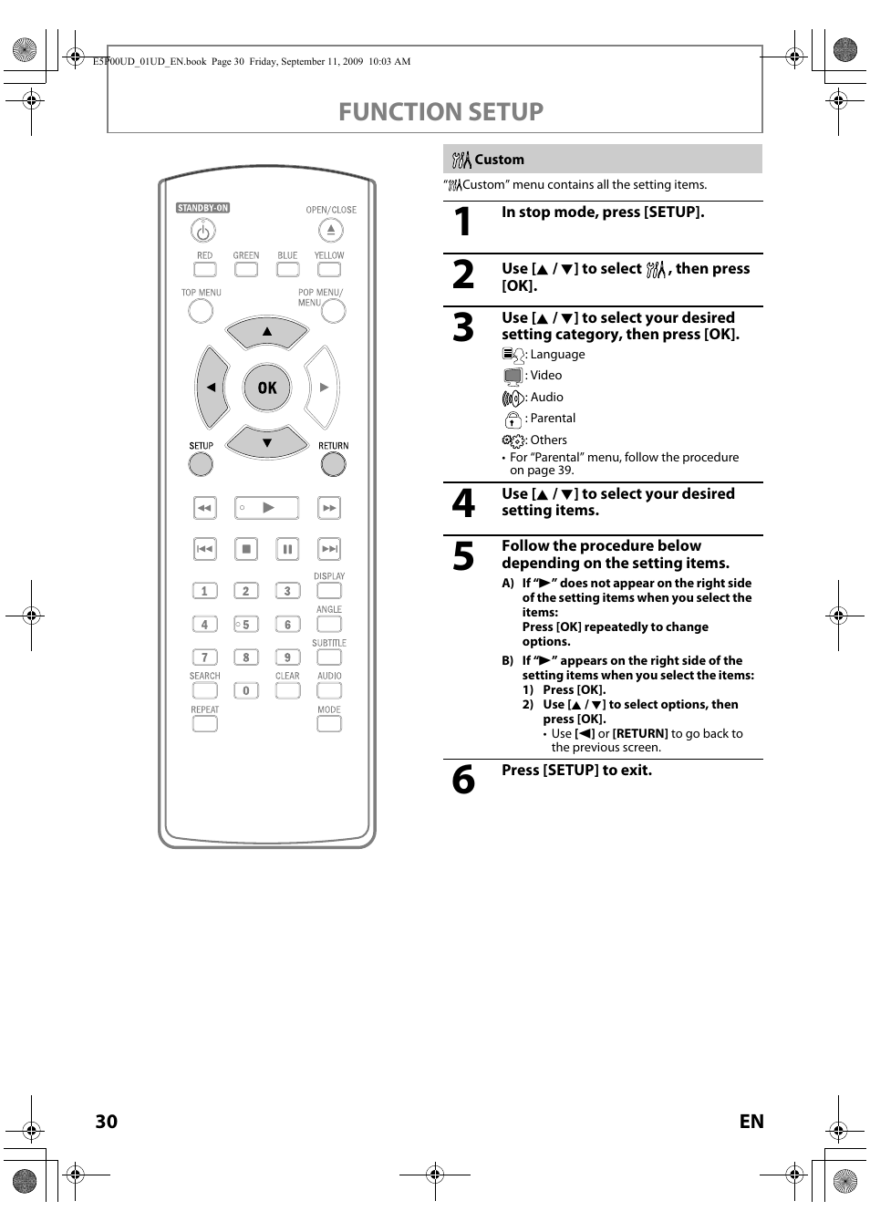 Custom, Function setup | Philips Magnavox Blu-ray Disc Player NB500MG1F User Manual | Page 30 / 52