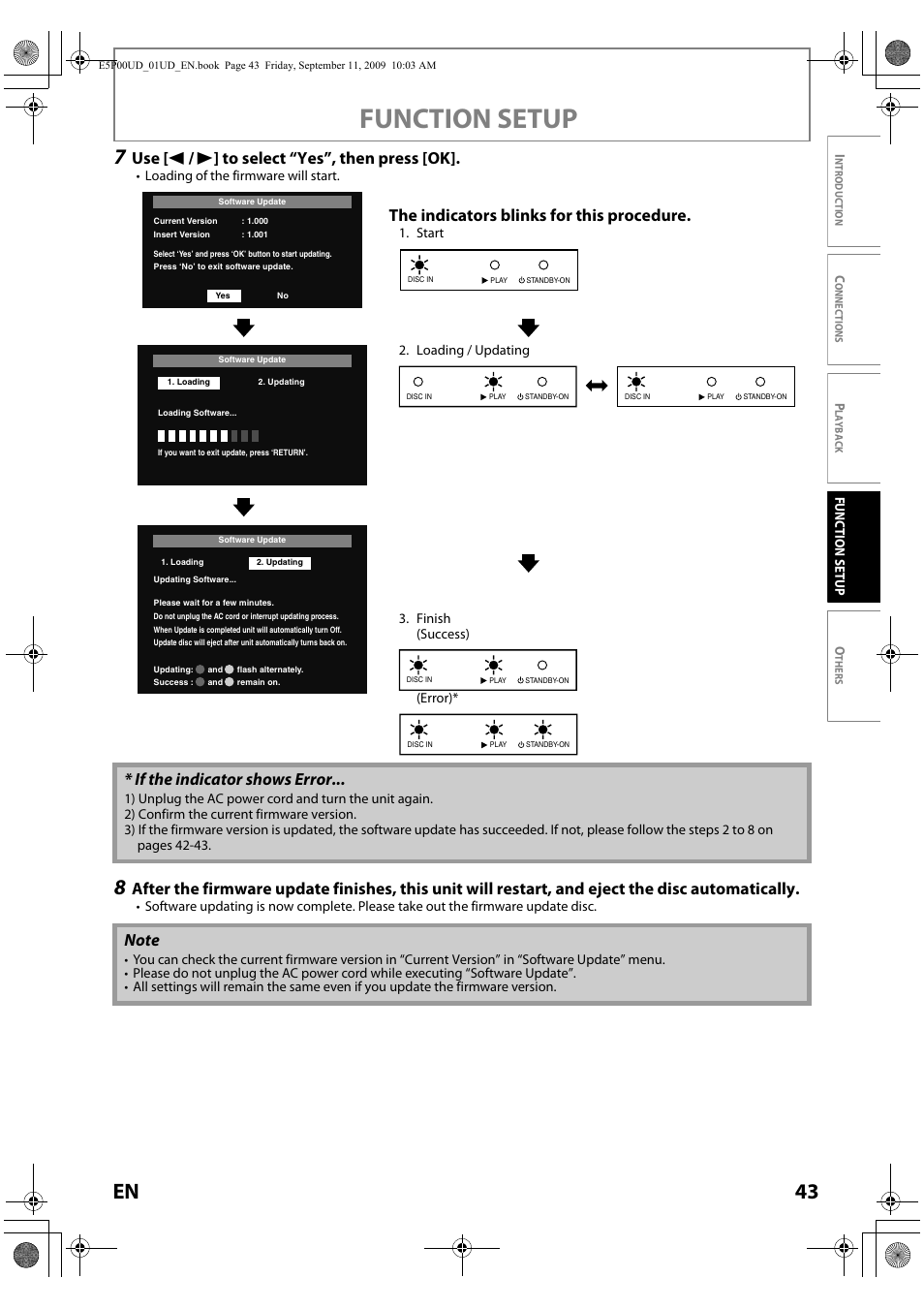 Function setup, 43 en, Use [ s / b ] to select “yes”, then press [ok | If the indicator shows error, The indicators blinks for this procedure | Philips Magnavox Blu-ray Disc Player NB500MG1F User Manual | Page 43 / 52