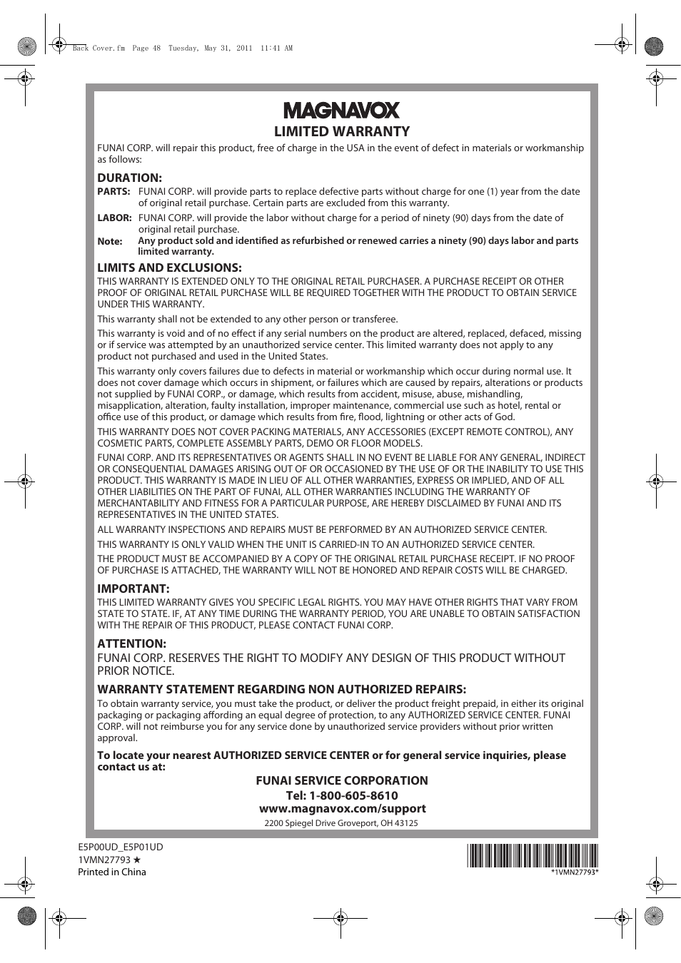 Limited warranty | Philips Magnavox Blu-ray Disc Player NB500MG1F User Manual | Page 52 / 52