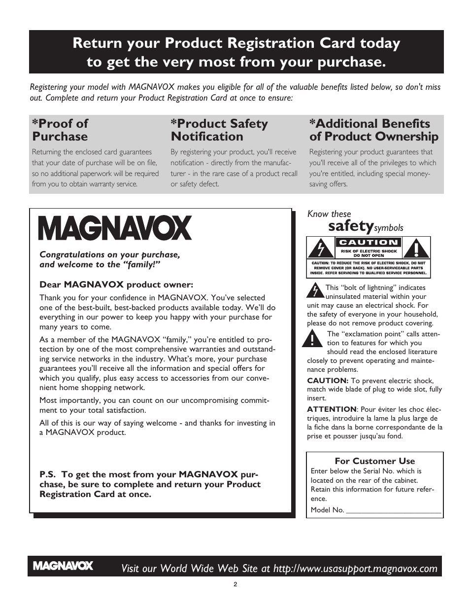 Safety, Proof of purchase, Product safety notification | Additional benefits of product ownership | Philips Magnavox 51MP6100Ds User Manual | Page 2 / 38