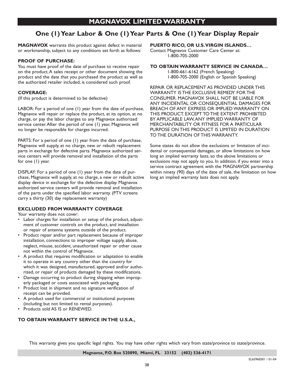 Philips Magnavox 51MP6100Ds User Manual | Page 38 / 38