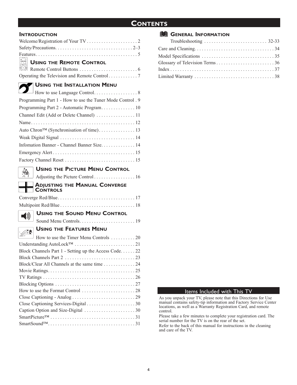 Ontents items included with this tv | Philips Magnavox 51MP6100Ds User Manual | Page 4 / 38