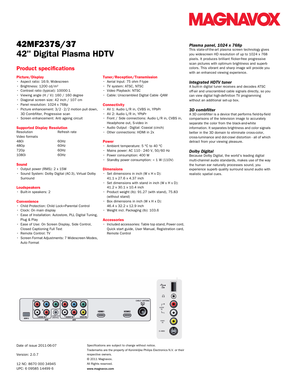 42" digital plasma hdtv, Product specifications | Philips Magnavox 42MF237S User Manual | Page 2 / 2