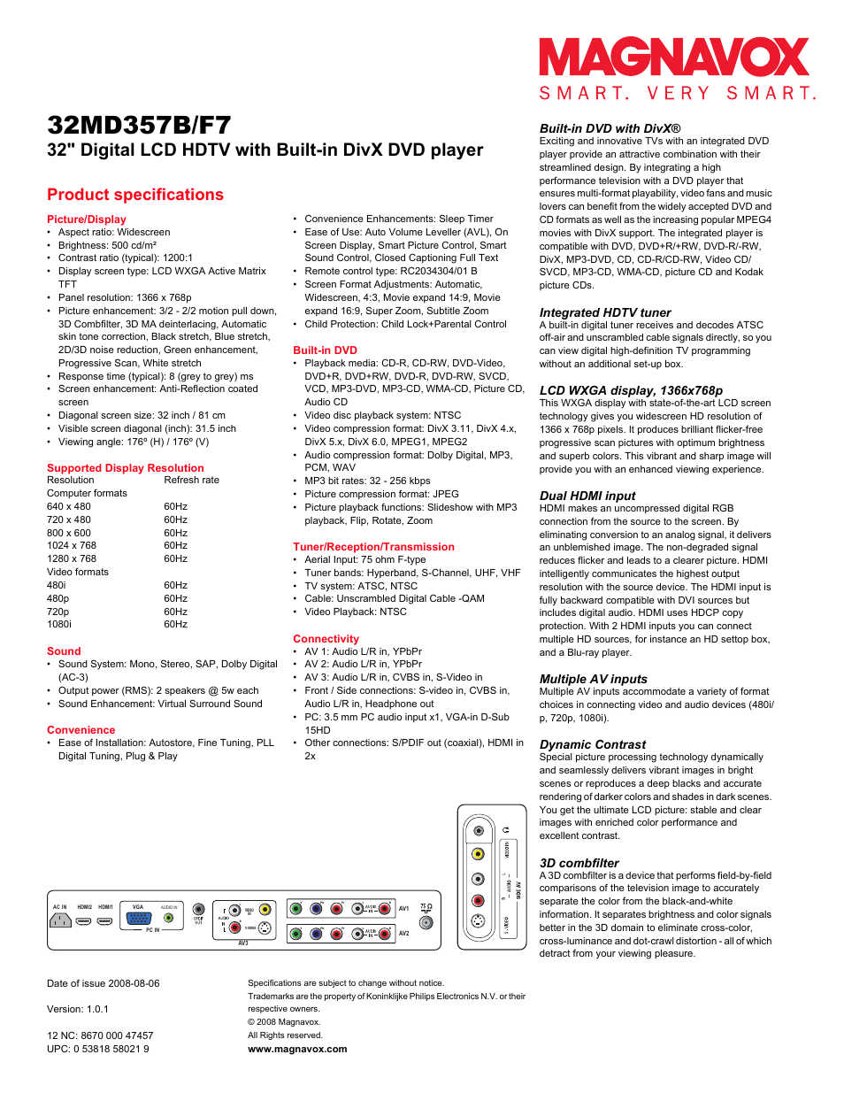 32" digital lcd hdtv with built-in divx dvd player, Product specifications, Built-in dvd with divx | Integrated hdtv tuner, Dual hdmi input, Multiple av inputs, Dynamic contrast, 3d combfilter | Philips Magnavox 32MD357B/F7 User Manual | Page 2 / 3