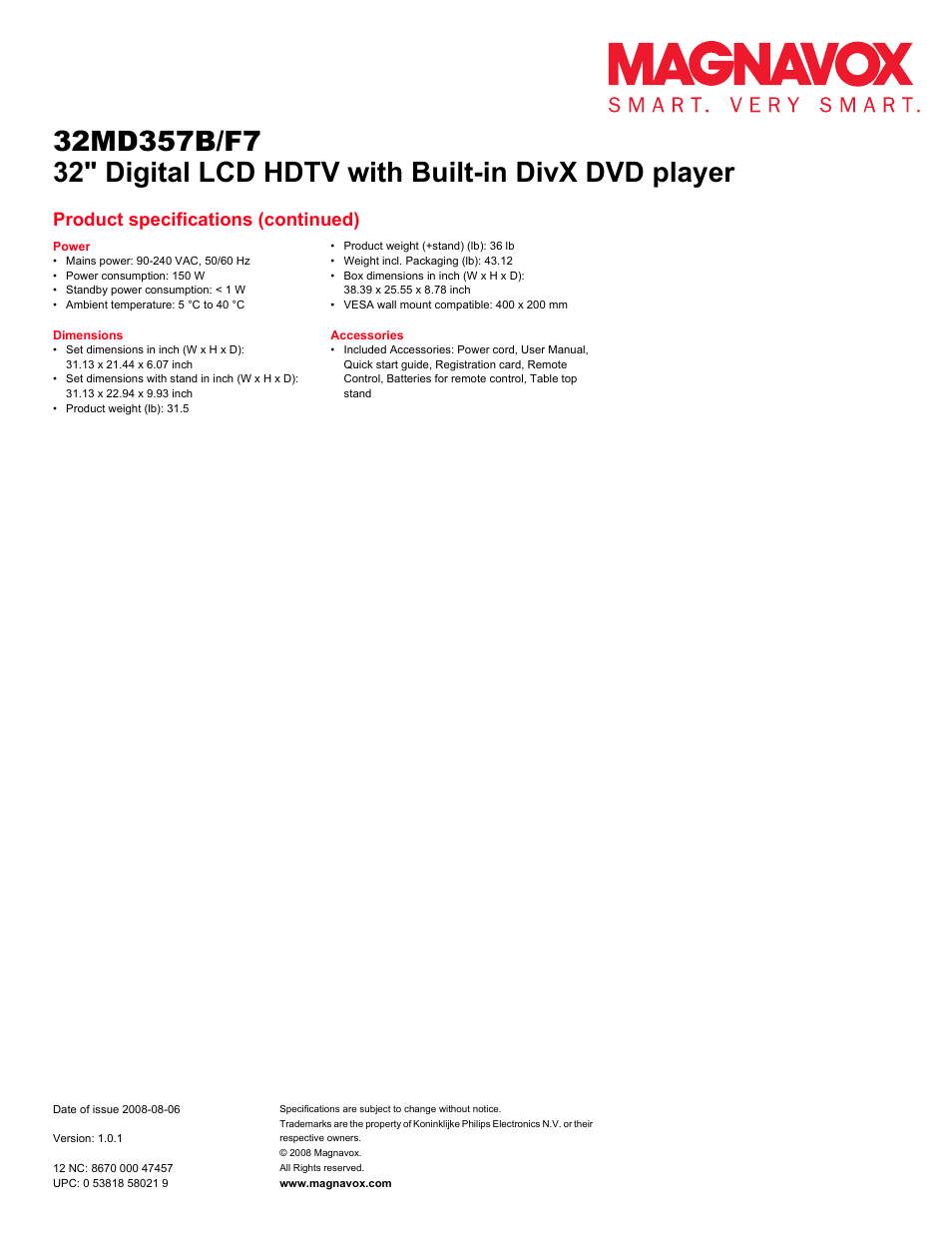 Product specifications (continued) | Philips Magnavox 32MD357B/F7 User Manual | Page 3 / 3