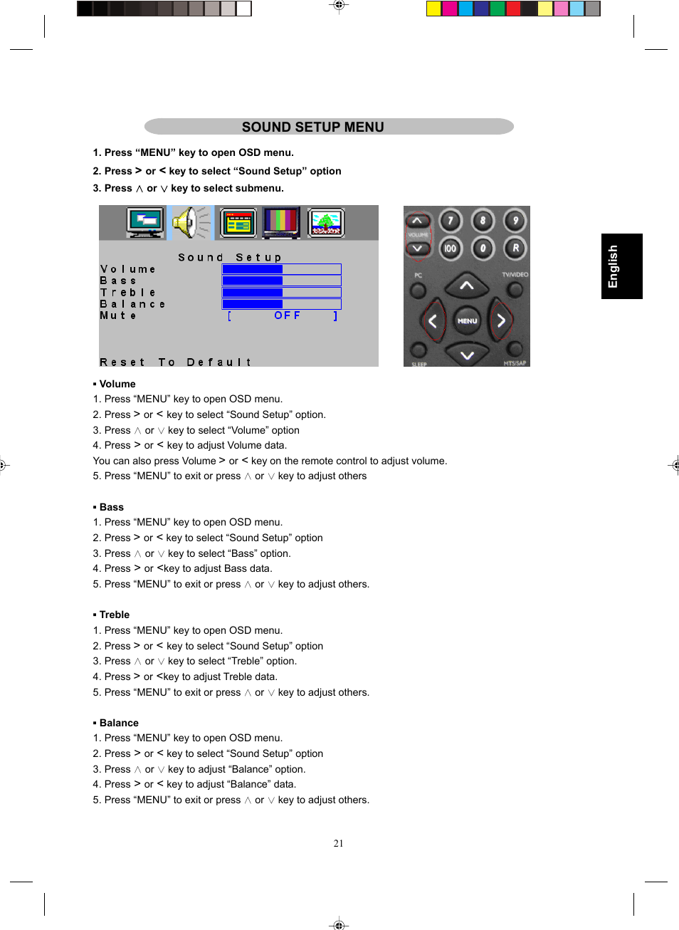 Sound setup menu | Philips Magnavox 15MF400T/37 Series User Manual | Page 21 / 32