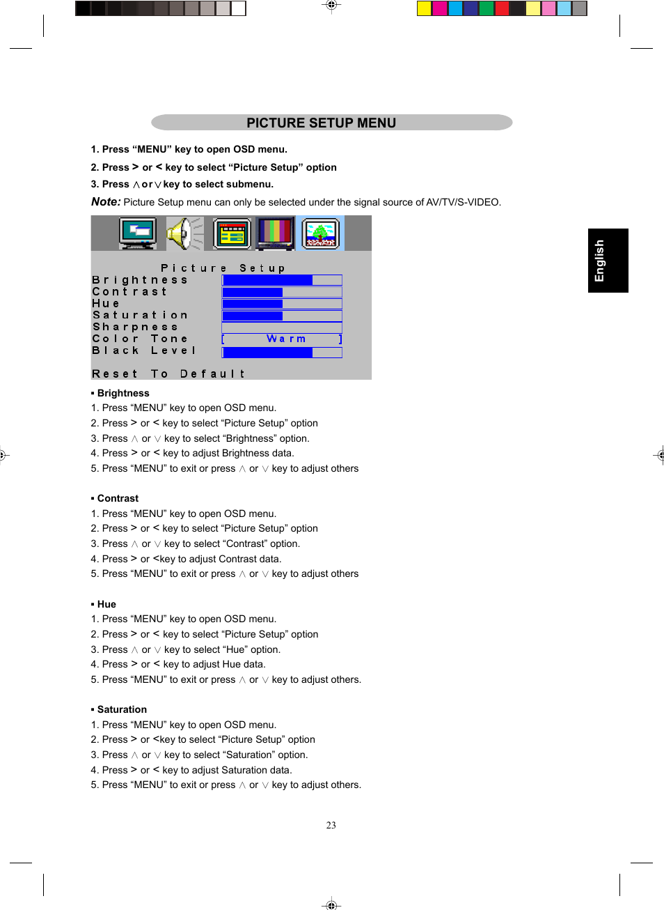 Picture setup menu | Philips Magnavox 15MF400T/37 Series User Manual | Page 23 / 32