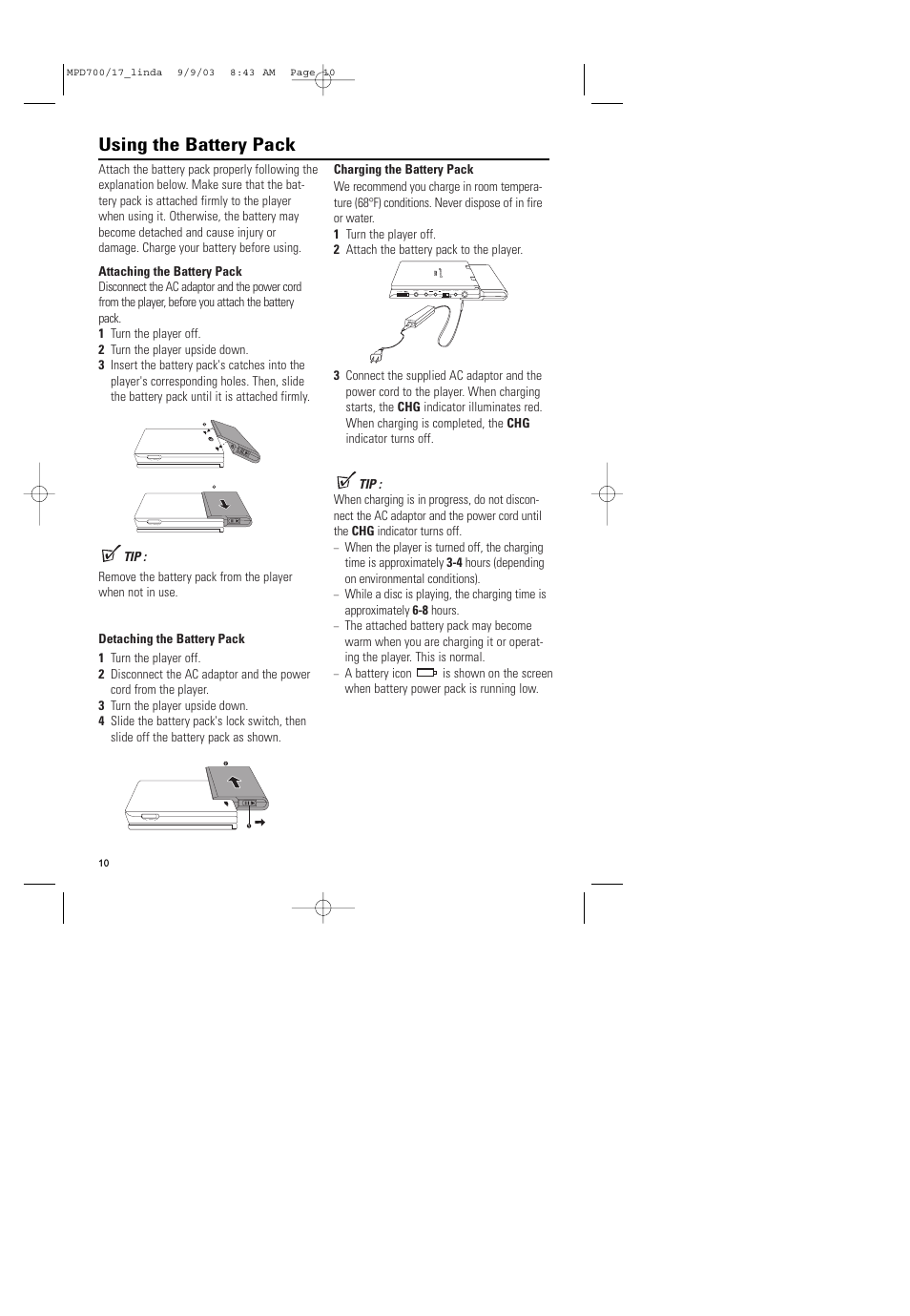 Using the battery pack | Philips Magnavox MPD-700 User Manual | Page 10 / 42