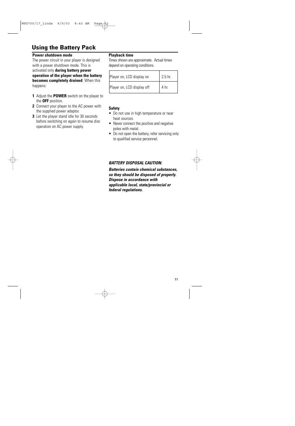 Using the battery pack | Philips Magnavox MPD-700 User Manual | Page 11 / 42