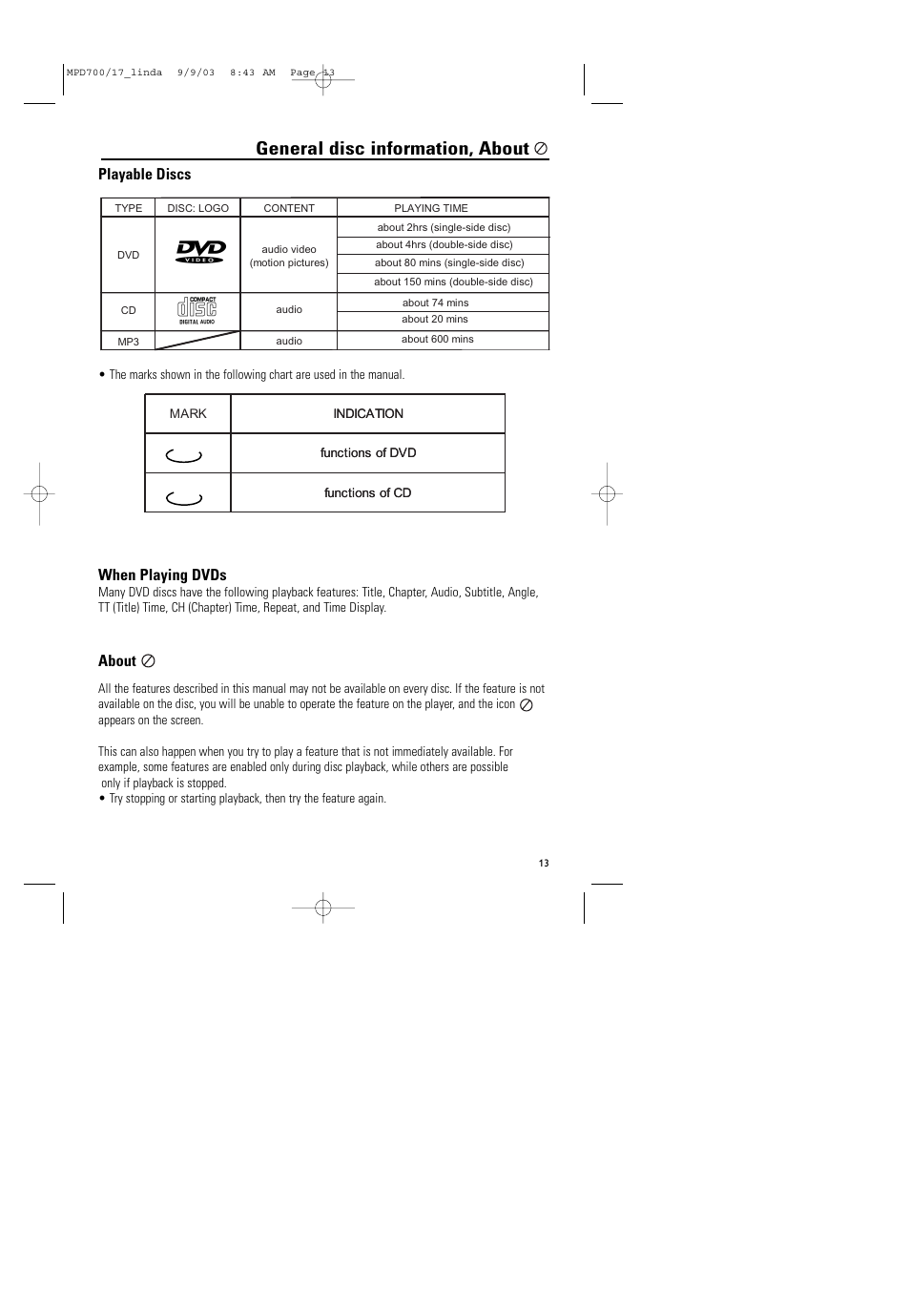 General disc information, about, Playable discs, When playing dvds | About | Philips Magnavox MPD-700 User Manual | Page 13 / 42