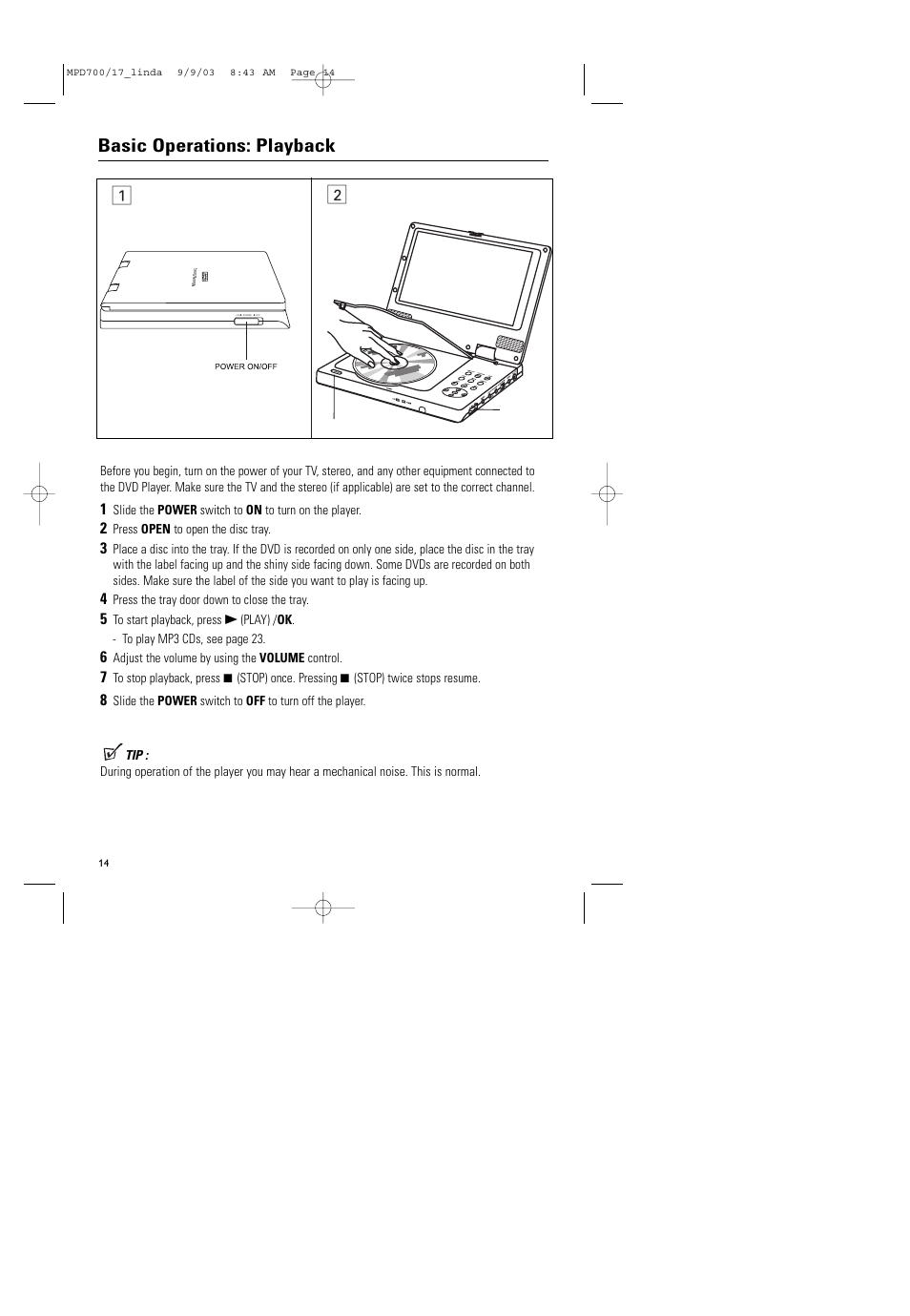Basic operations: playback | Philips Magnavox MPD-700 User Manual | Page 14 / 42