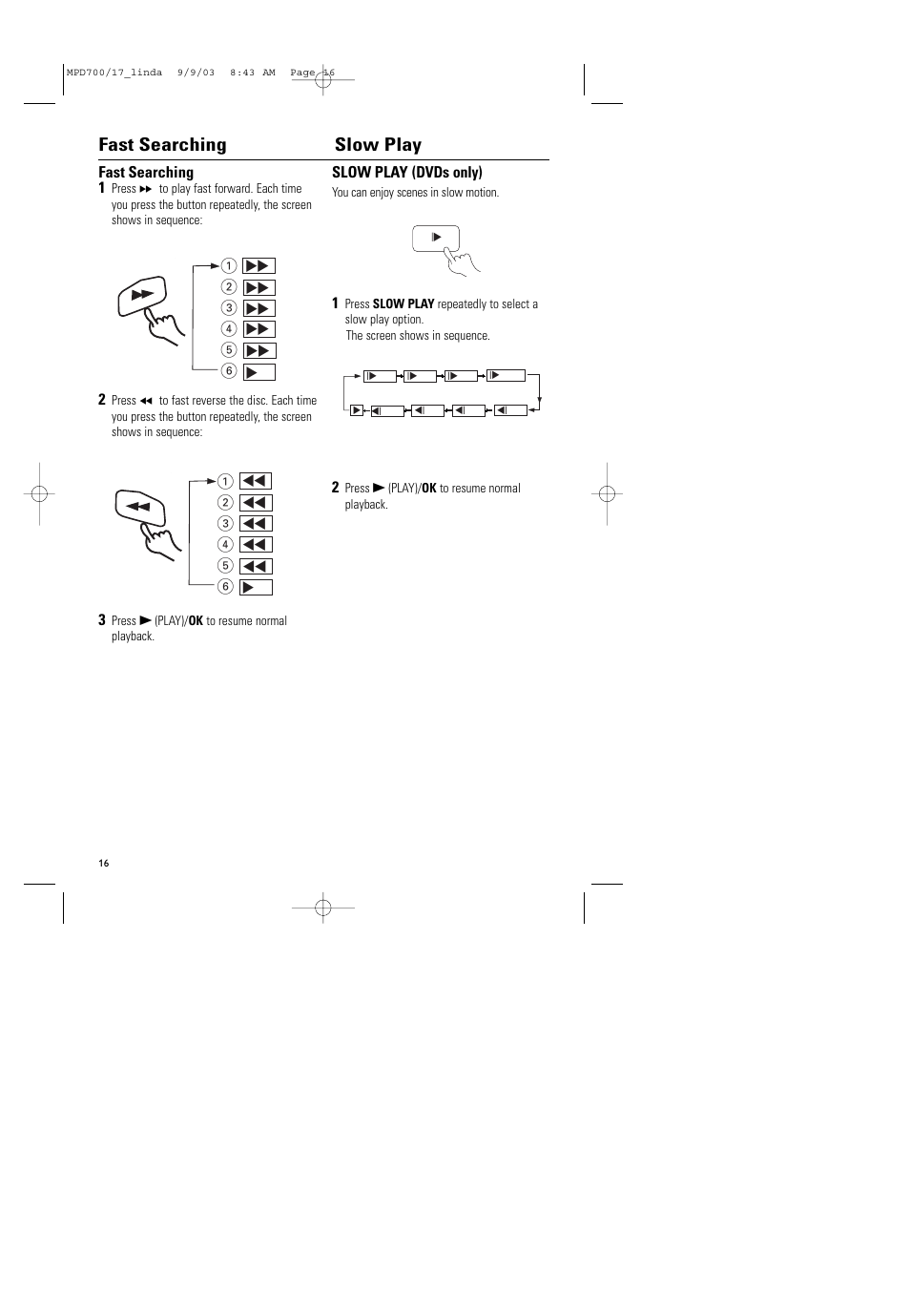 Fast searching slow play | Philips Magnavox MPD-700 User Manual | Page 16 / 42