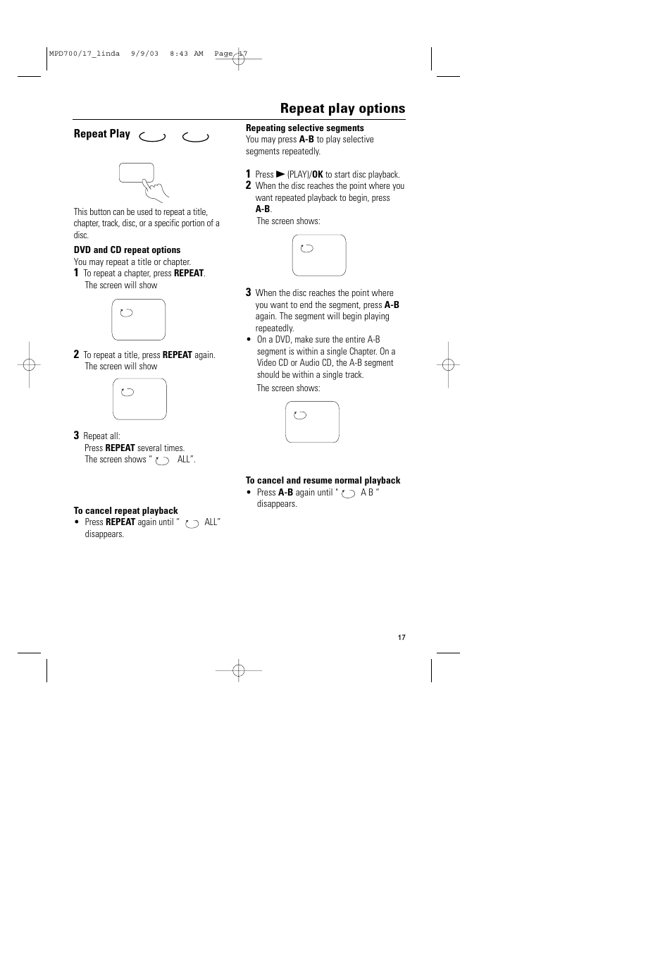 Repeat play options | Philips Magnavox MPD-700 User Manual | Page 17 / 42