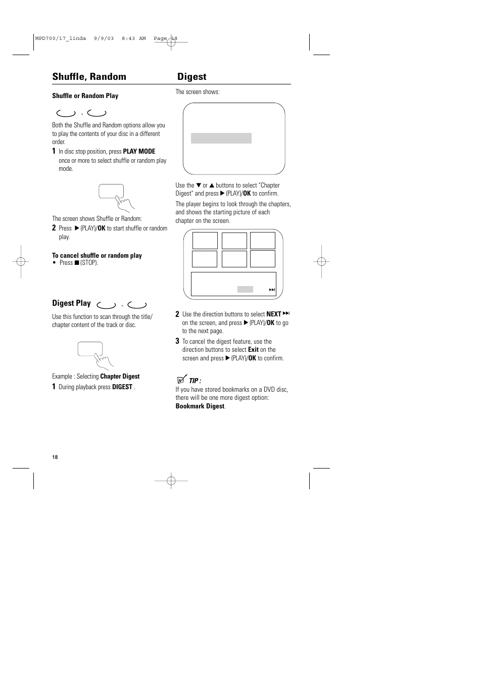 Shuffle, random digest | Philips Magnavox MPD-700 User Manual | Page 18 / 42