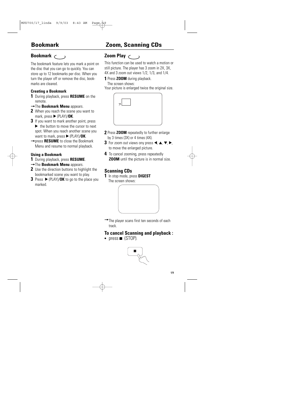 Bookmark zoom, scanning cds | Philips Magnavox MPD-700 User Manual | Page 19 / 42