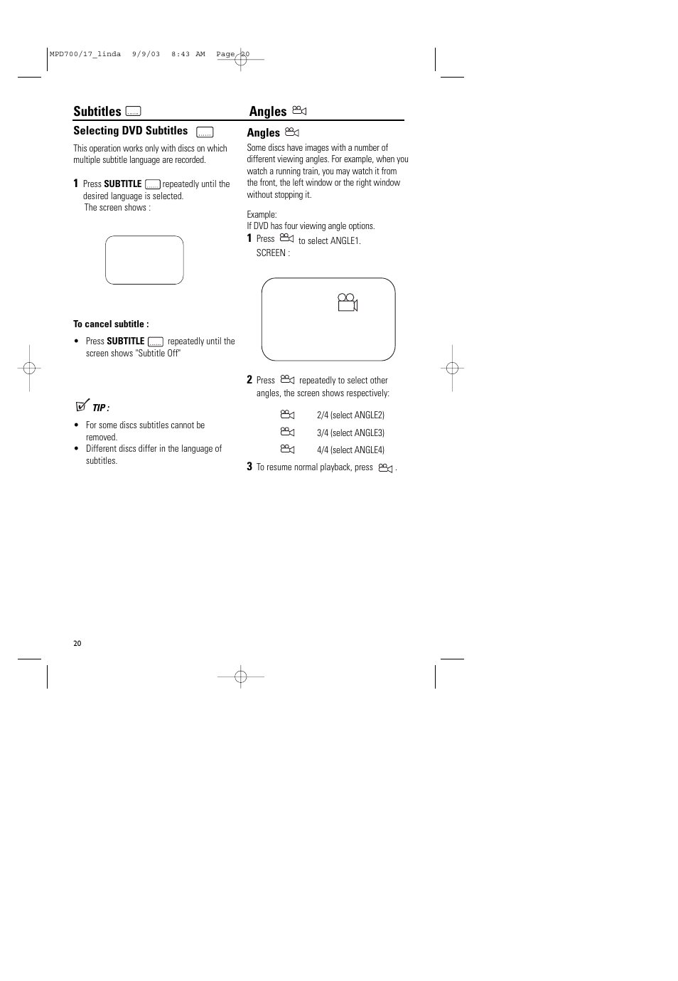 Subtitles angles | Philips Magnavox MPD-700 User Manual | Page 20 / 42