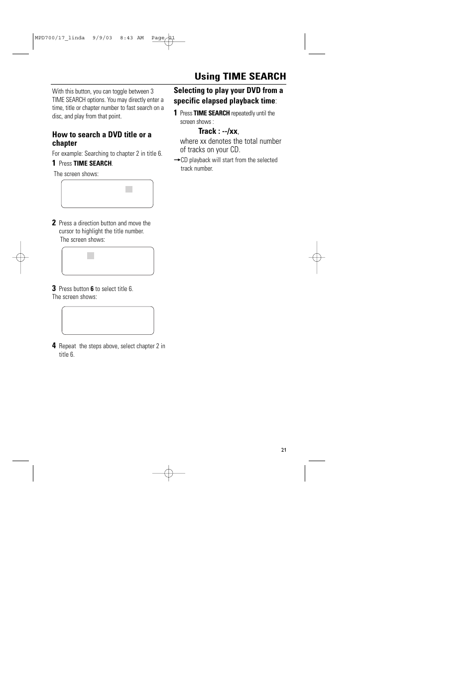 Using time search | Philips Magnavox MPD-700 User Manual | Page 21 / 42