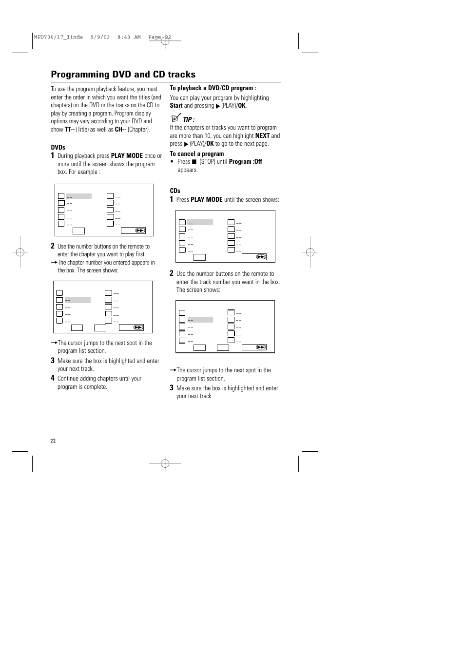 Programming dvd and cd tracks | Philips Magnavox MPD-700 User Manual | Page 22 / 42