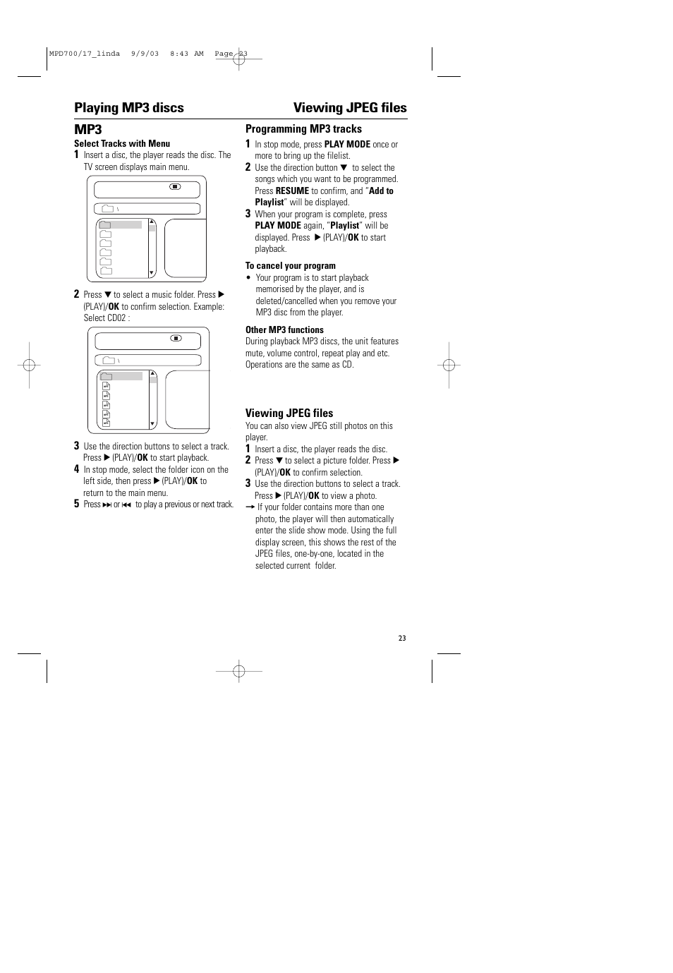 Playing mp3 discs viewing jpeg files, Programming mp3 tracks 1, Viewing jpeg files | Philips Magnavox MPD-700 User Manual | Page 23 / 42