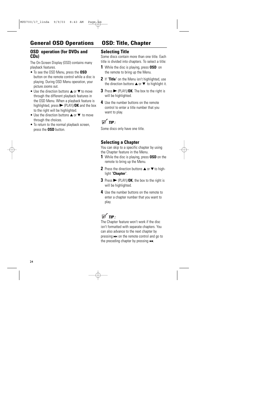 General osd operations osd: title, chapter | Philips Magnavox MPD-700 User Manual | Page 24 / 42