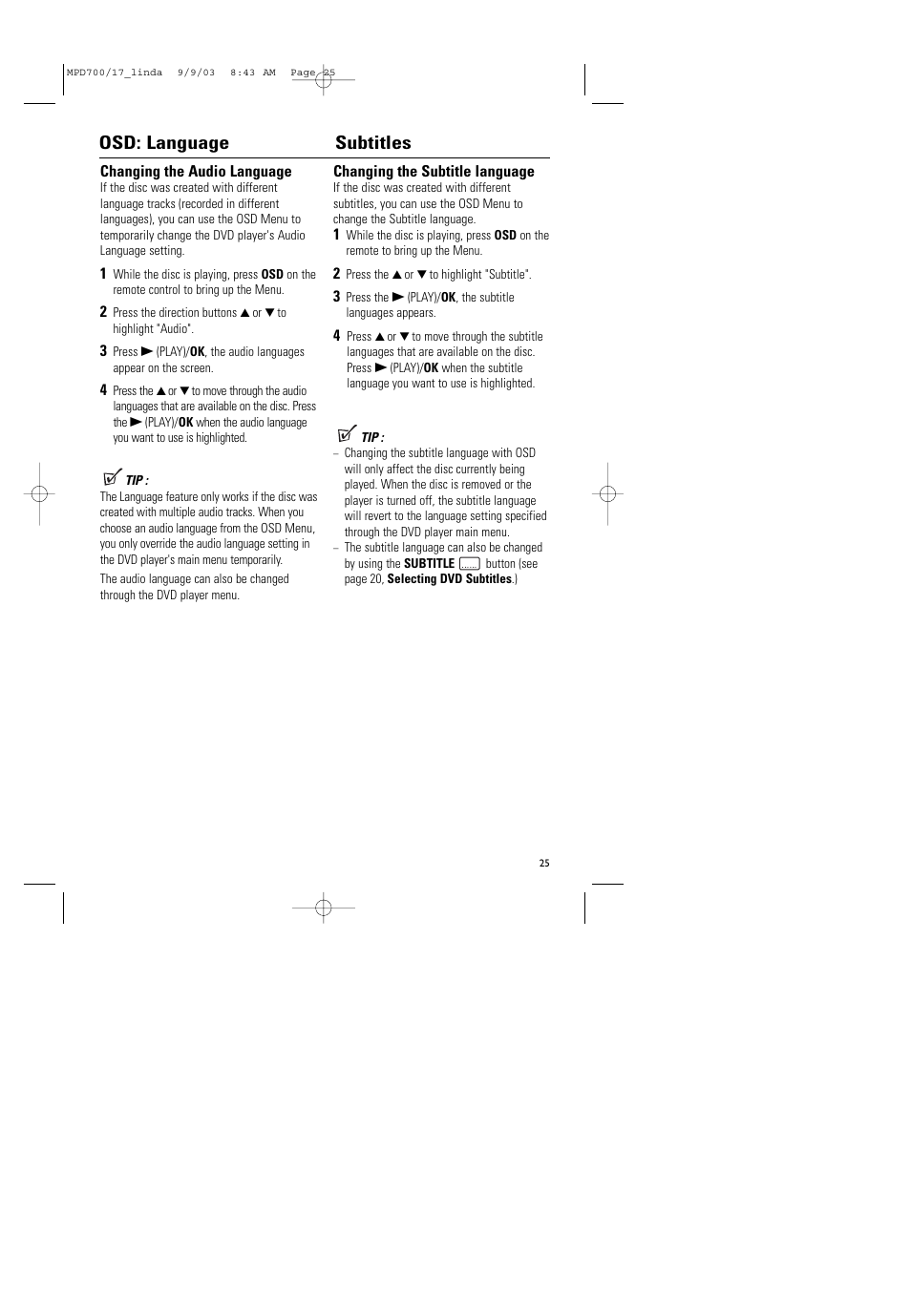 Osd: language subtitles | Philips Magnavox MPD-700 User Manual | Page 25 / 42