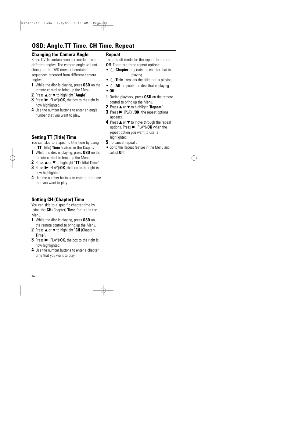 Osd: angle,tt time, ch time, repeat | Philips Magnavox MPD-700 User Manual | Page 26 / 42