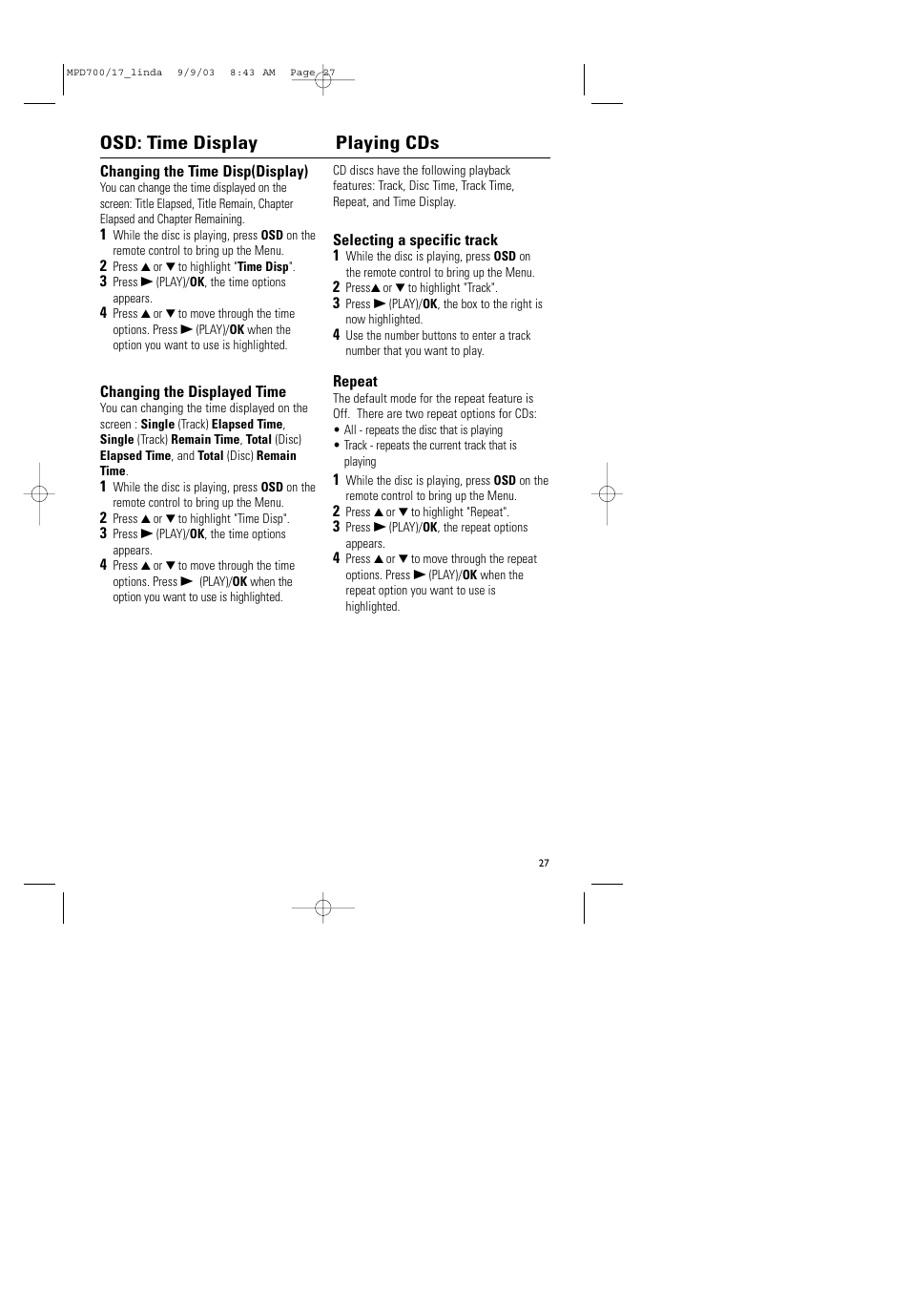 Osd: time display playing cds | Philips Magnavox MPD-700 User Manual | Page 27 / 42