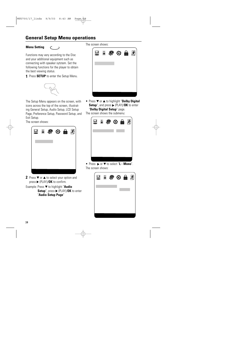 General setup menu operations | Philips Magnavox MPD-700 User Manual | Page 28 / 42