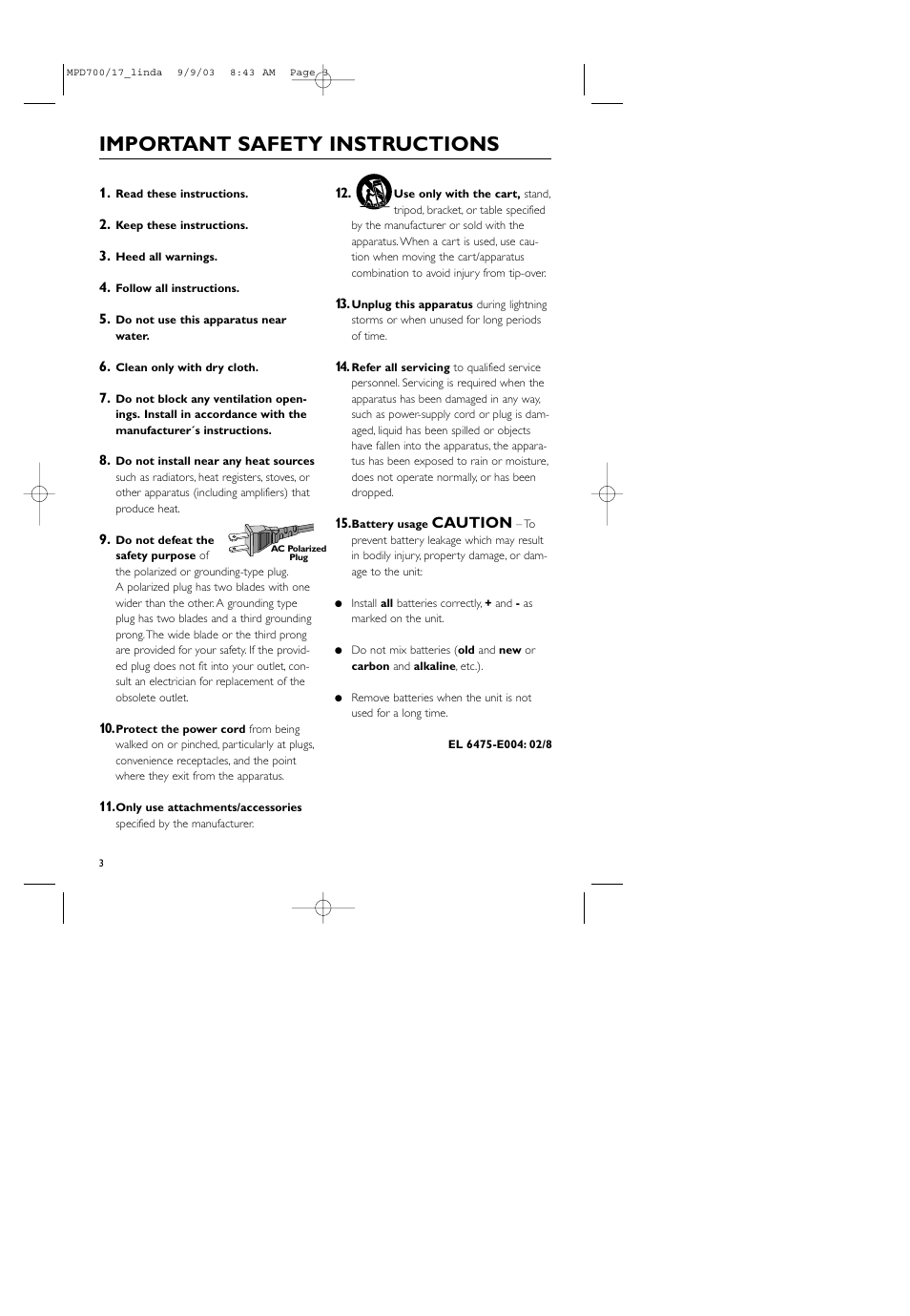 Important safety instructions | Philips Magnavox MPD-700 User Manual | Page 3 / 42