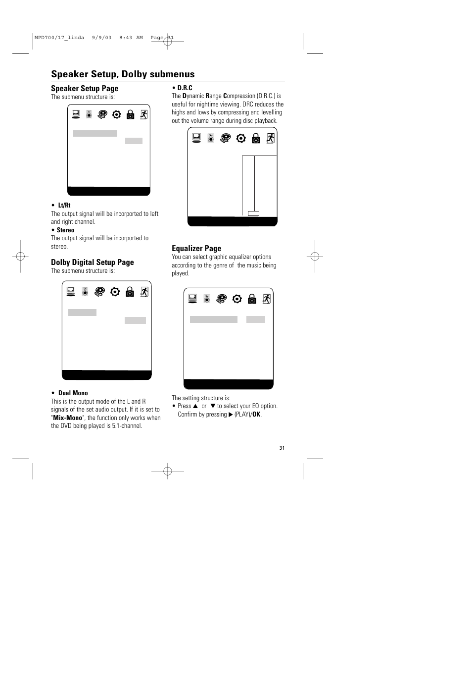 Speaker setup, dolby submenus, Speaker setup page, Dolby digital setup page | Equalizer page | Philips Magnavox MPD-700 User Manual | Page 31 / 42