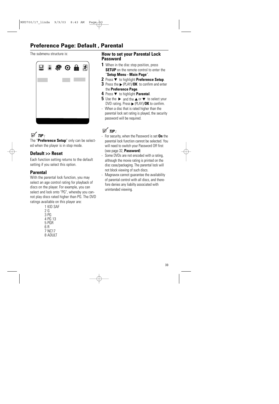 Preference page: default , parental, Default >> reset, Parental | How to set your parental lock password 1 | Philips Magnavox MPD-700 User Manual | Page 33 / 42