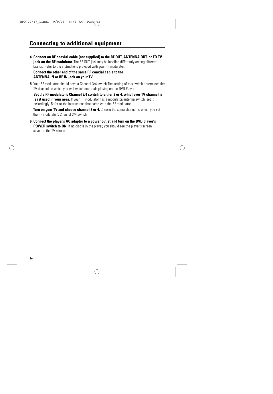 Connecting to additional equipment | Philips Magnavox MPD-700 User Manual | Page 36 / 42
