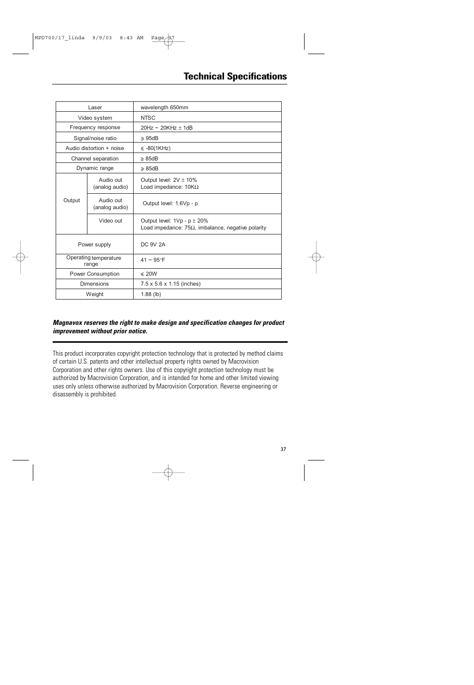 Technical specifications | Philips Magnavox MPD-700 User Manual | Page 37 / 42