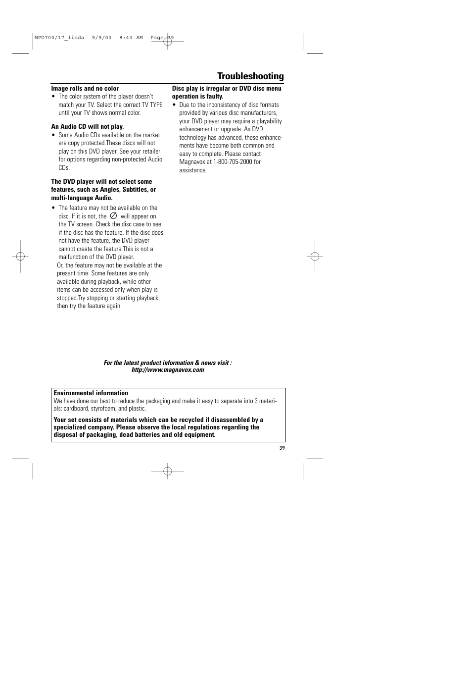 Troubleshooting | Philips Magnavox MPD-700 User Manual | Page 39 / 42