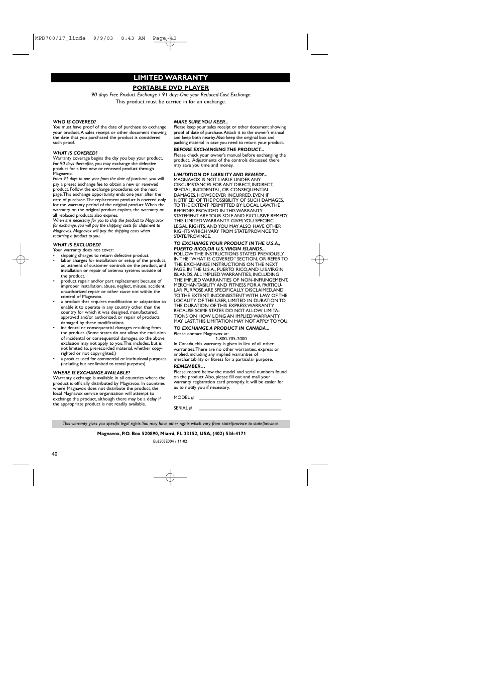 Limited warranty | Philips Magnavox MPD-700 User Manual | Page 40 / 42