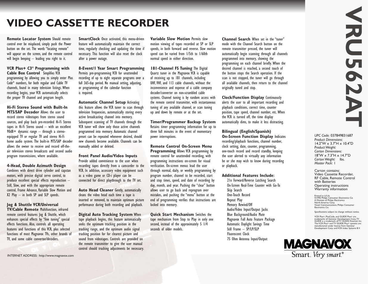 Vr u562a t, Video cassette recorder | Philips Magnavox VRU562AT User Manual | Page 2 / 2