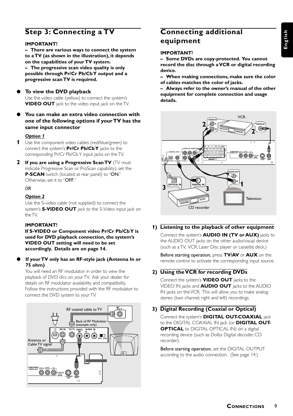 Step 3: connecting a tv, Connecting additional equipment, 1) listening to the playback of other equipment | 2) using the vcr for recording dvds, 3) digital recording (coaxial or optical), 9english, Option 1 | Philips Magnavox mrd210 User Manual | Page 11 / 29